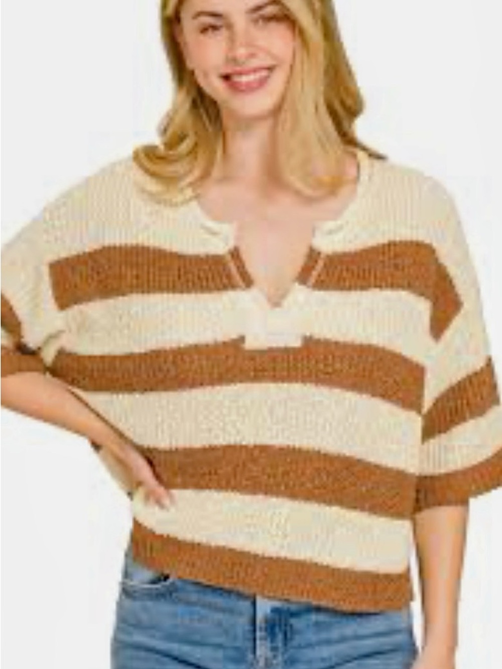 Zenana Outfitters Striped V-Neck Short Sleeve Sweater - Cream & Brown